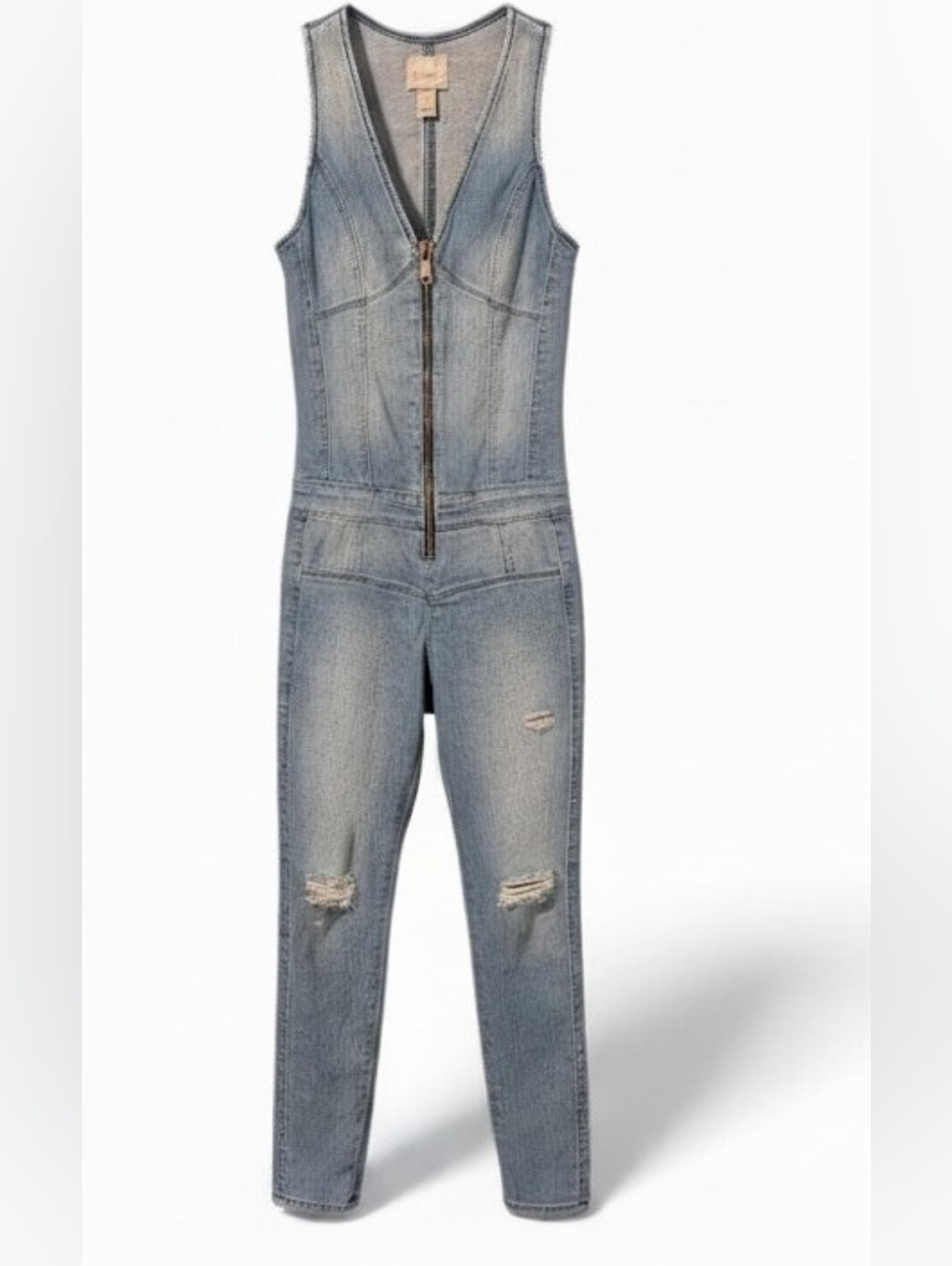 GUESS Sleeveless Light Blue Distressed Denim Jumpsuit with Front Zip